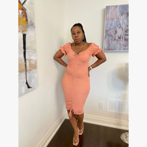 (NWT) Smocked Ruched Dress (Midi or Mini) - Salmon - Picture 2 of 7